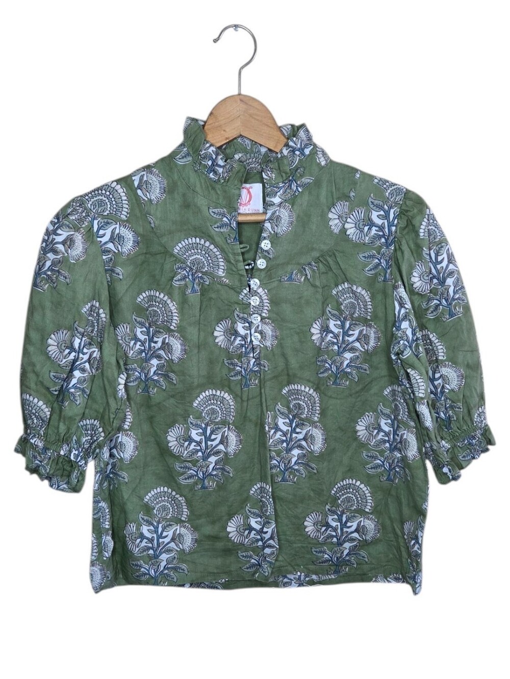 Victoria Dunn Ellie Green White Floral Block Print Puff Sleeve Blouse